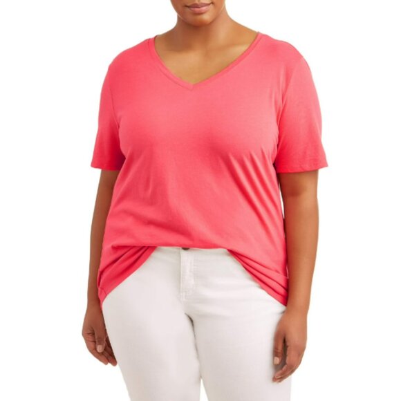 Terra & Sky Plus Size Relaxed V-Neck Short Sleeve Tee in Paradise Pink (Coral) - Picture 1 of 17